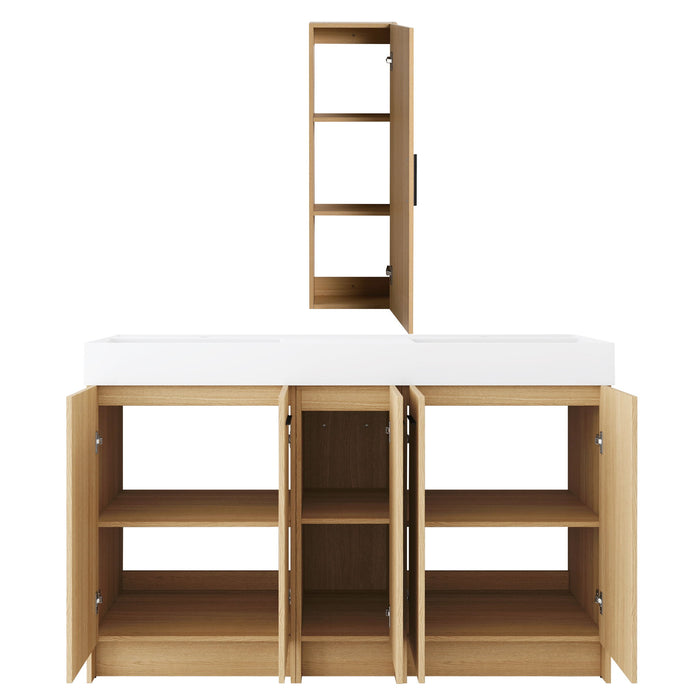 Double Sink Bathroom Vanity Set With Tall Linen Cabinet, Extra Large Storage, Integrated Sink, Freestanding Cabinet - Light Oak / White