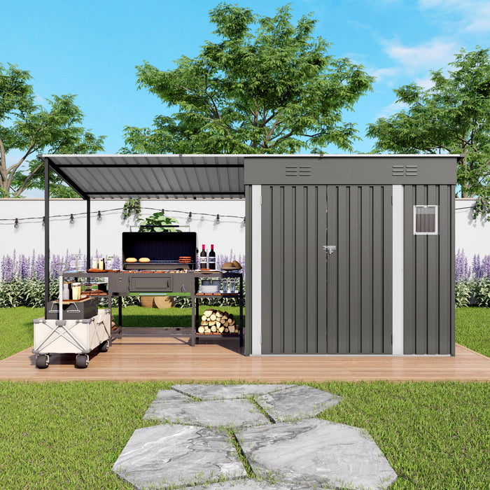 Lean To Shed With Open Sided Pergola, Outdoor Storage Shed & Attached Hardtop Gazebo Combo - Gray