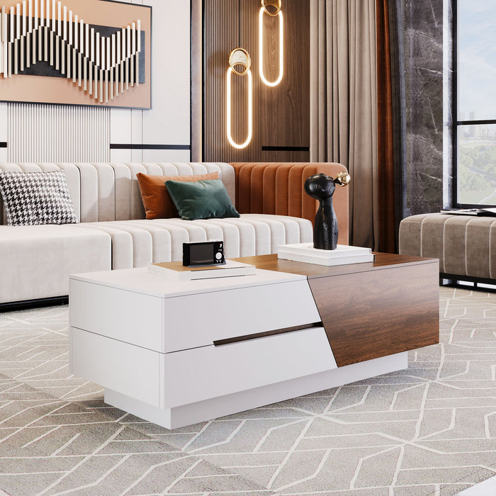 Extendable Sliding Top Coffee Table With Storage, Rectangle Shape - White / Walnut
