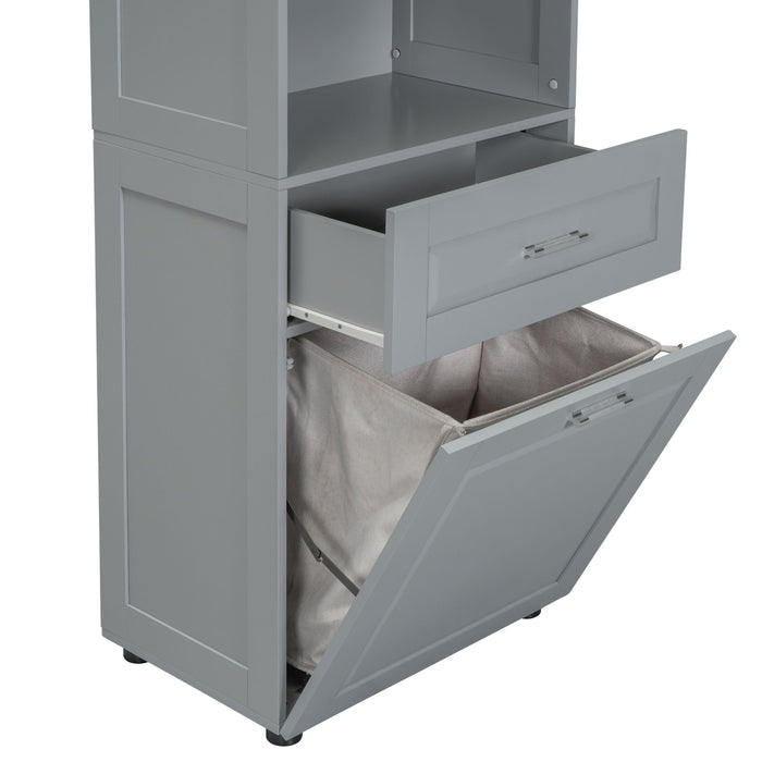 Tall Bathroom Cabinet With Tilt-Out Laundry Basket And Upper Storage
