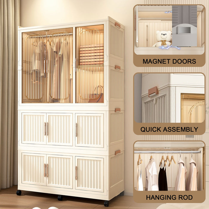 Portable Wardrobe Closet Storage Organizer With 9 Magnetic Doors - Cream White