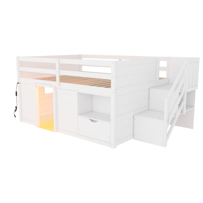 Low Loft Bed Frame With Built In Stairs, Storage Drawer, Shelf And 7 Color LED Light