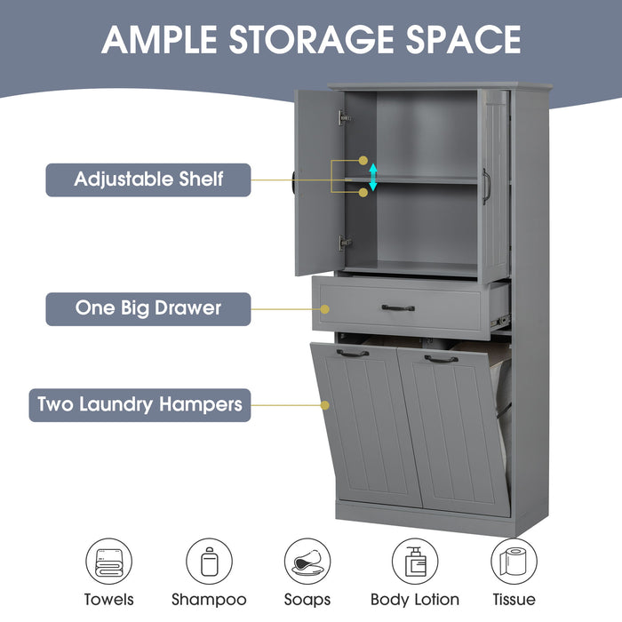 Modern Bathroom Storage Cabinet With Two Laundry Baskets, One Drawer, Adjustable Shelf