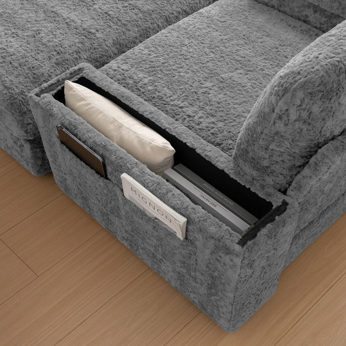 Oversized Chaise Lounge Indoor Rabbit Fur Sofa Bed With Storage Ottoman And Armrests Cup Holders With Deep Seat