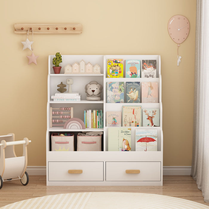 Bookshelf With 2 Storage Drawers, Front Facing Bookcase And Toy Organizer, Multi Tier Reading Shelf - White