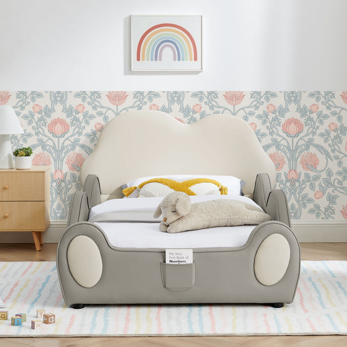 Cute Cloud Shape Bed With Guardrails Cartoon Design, Storage Pocket