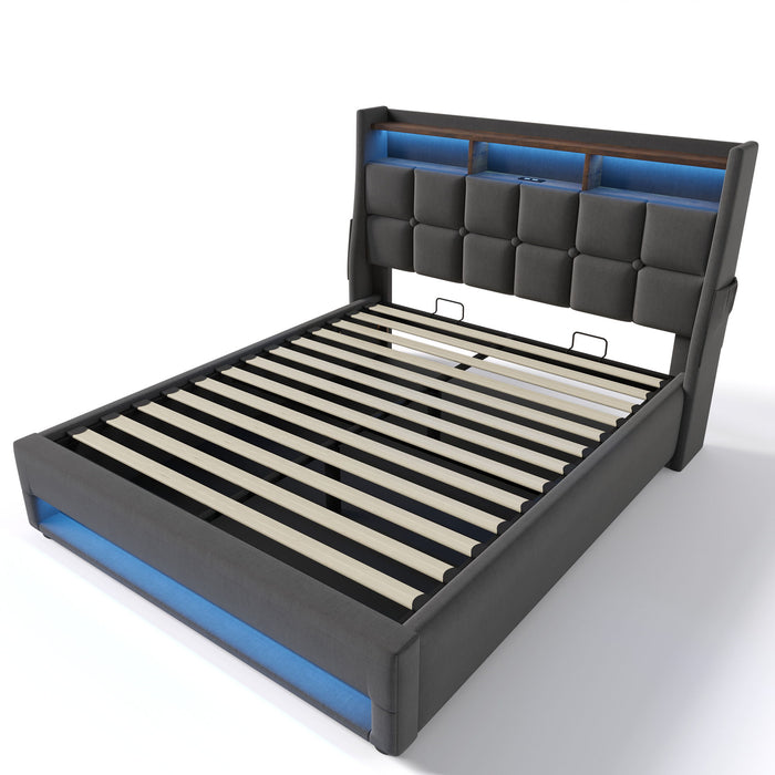 Queen Size Upholstered Platform Bed With A Hydraulic Storage System, LED And USB Charging (Without Mattress) - Gray
