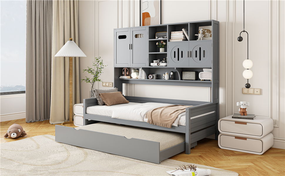 Daybed With All-In-One Cabinet And Shelf
