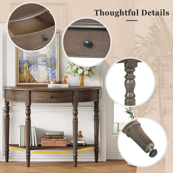 Half Moon Console Table With Drawer & Shelf For Living Room - Walnut