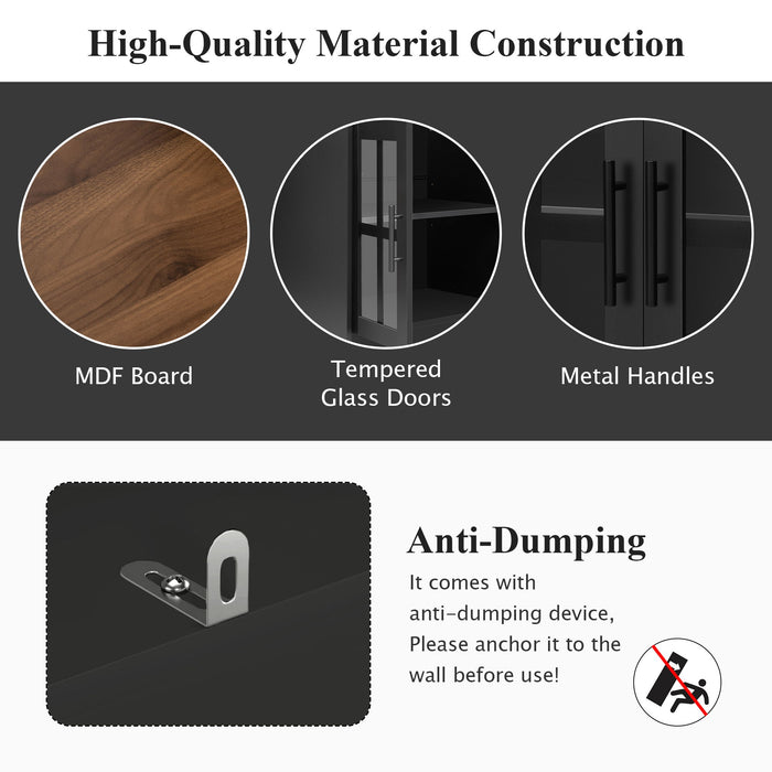 Wall Unit Entertainment Center With Bookshelves For TVs Up To 80", Tempered Glass Doors And Adjustable Shelves