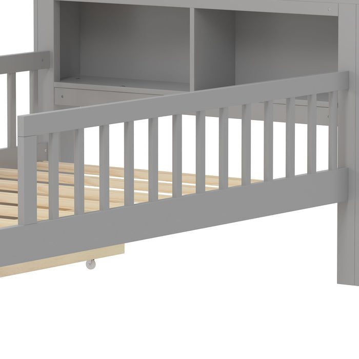 Bed With Headboard Storage Rack, 2 Under Bed Drawers, 3 Side Guardrails For Safety