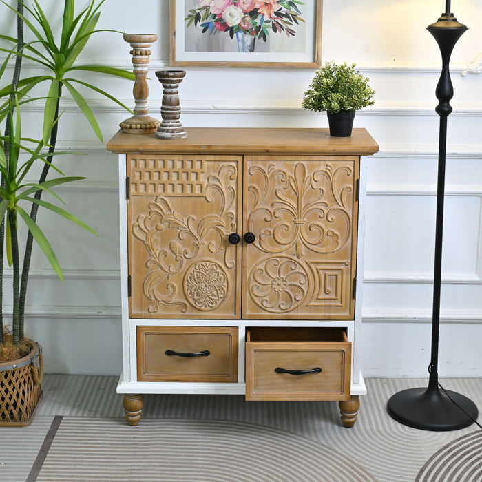 Accent Flower Carved Door Sideboard Cabinet With 2 Drawers For Kitchen - Natural Wood Wash / White