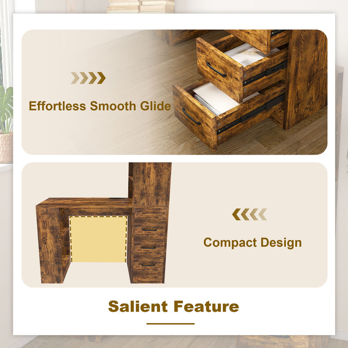 Computer Desk With 4 In 1 Socket & 3 Drawers, 4 Tier Shelves