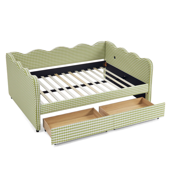Gingham Daybed With USB Charging Port, Wave-Shaped Design