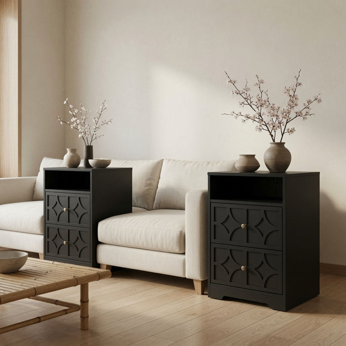 Nightstand With Diamond Carvings Handles, 2 Drawers & Charging Station