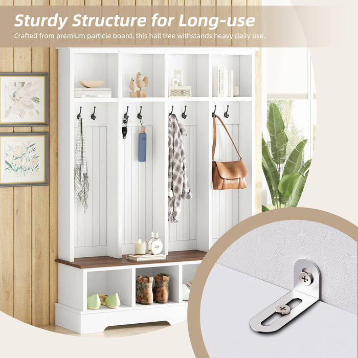 Hall Tree With 8 Hooks, Practical Entryway Bench With Open Compartments