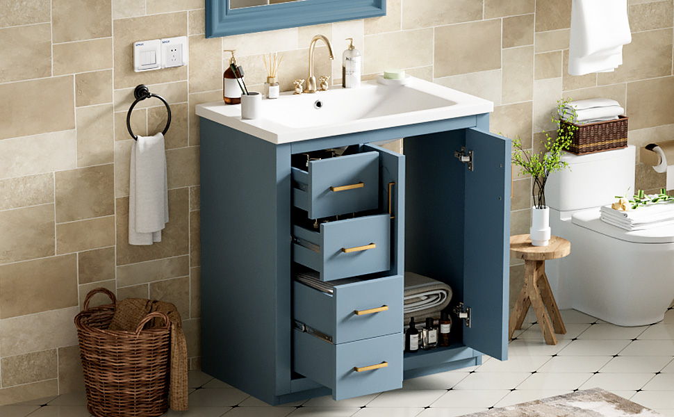 Ceramic Sink Combo, Freestanding Vanity Set With 3 Drawers & Soft Closing Doors