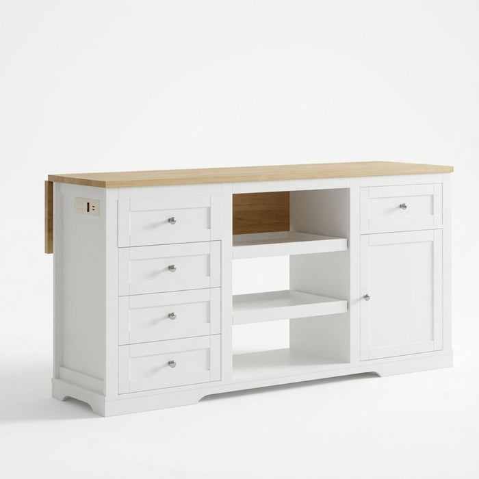 Drop Leaf Kitchen Island With Storage, Power Outlet & Pet Bowl Drawer - White / Light Oak