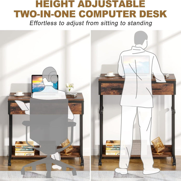 Portable Laptop Desk With Drawer & Wheels, Height Adjustable, Storage Shelf - Brown / Black