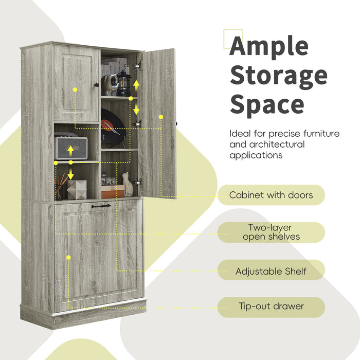 Modern Tall Storage Cabinet With Adjustable Shelves, Flip-Out Basket & Enclosed Doors