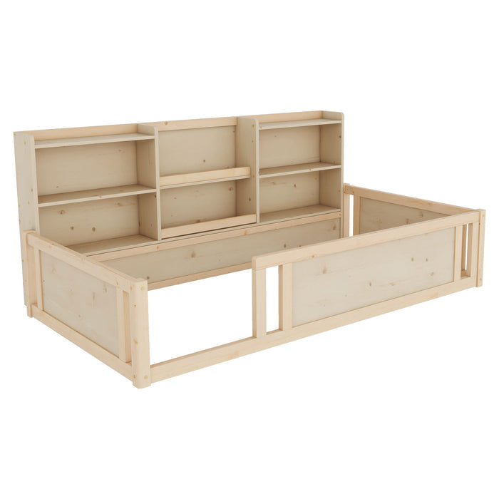 Platform Floor Bed With Guardrail Fence And Side Storage Shelves