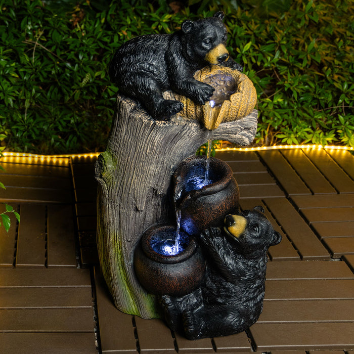 Bear Tree Stump Outdoor Water Fountain With LED Lights - Brown Gray