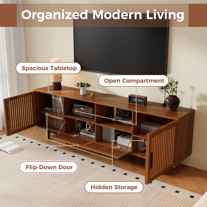 TV Stand, Entertainment Center With Slatted Doors, Cable Management, Soft Closing Hinges - Walnut