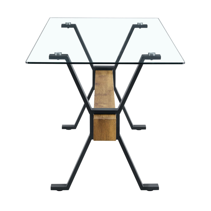 Elegant Tempered Glass Dining Table With X Shaped Metal Legs And Wood Grain Crossbeam - Black / Transparent