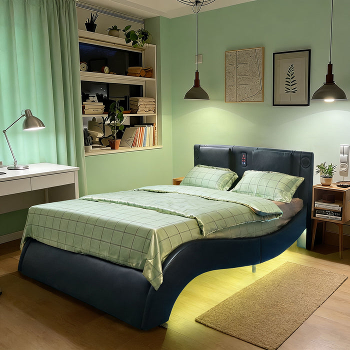 Platform Bed Frame With LED Lighting, Bluetooth Music, Vibration Massage