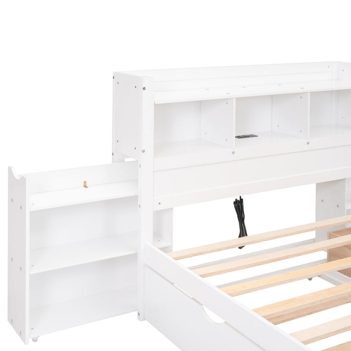 Storage Platform Bed With Pull Out Shelves, Trundle, And 2 Drawers