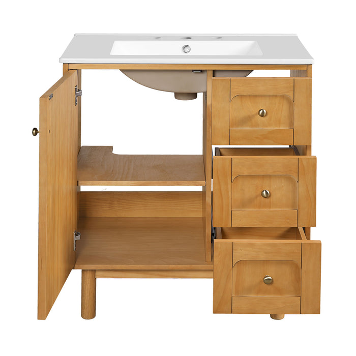 Bathroom Vanity With Sink, 3 Drawers, Soft Close Door - Natural Wood