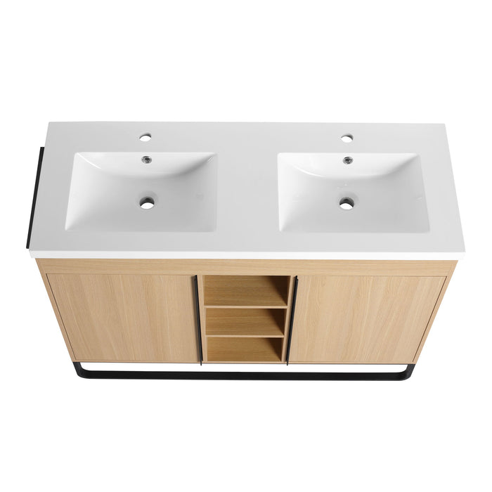 48" Freestanding Bathroom Vanity With Double Sink, 2 Soft Close Doors & 3 Open Shelves - Oak