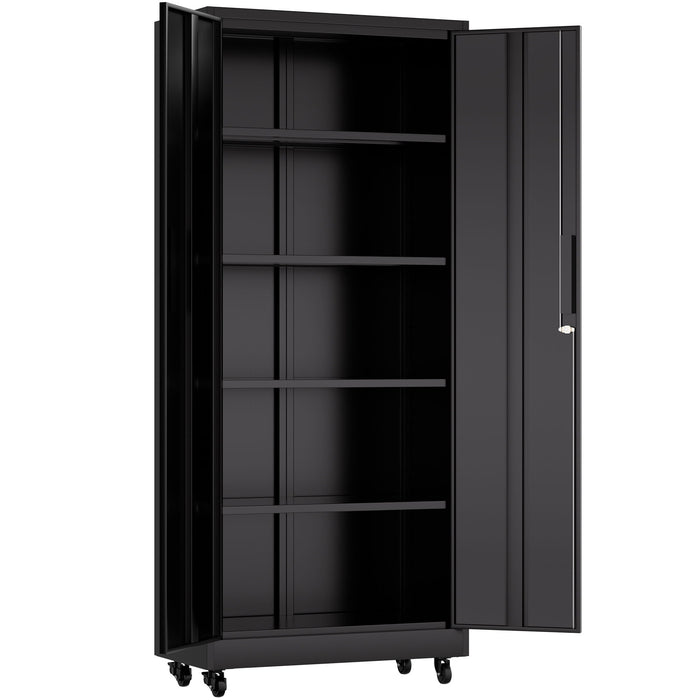 Storage Cabinet With Wheels And Lock, 4 Adjustable Shelves, 3 Point Locking Security, For Tool Organization In Garage - Black