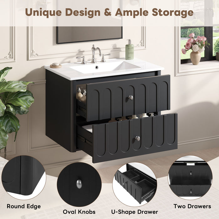 Floating Bathroom Vanity With Oval Knobs & Round Edge, Soft Close Drawer Slides