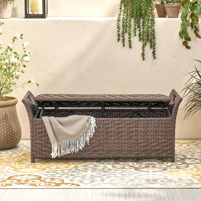 Outdoor Rattan Bench With Flair Arm And Storage - Brown