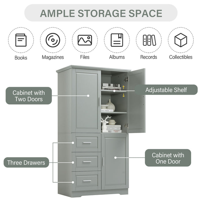 Tall And Wide Storage Cabinet With Doors For Bathroom Or Office, 3 Drawers - Gray