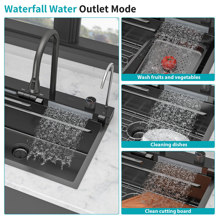 30" Whale Digital Waterfall Sink With LED Display, 16 Gauge Single Bowl Ledge Workstation - Gunmetal Black