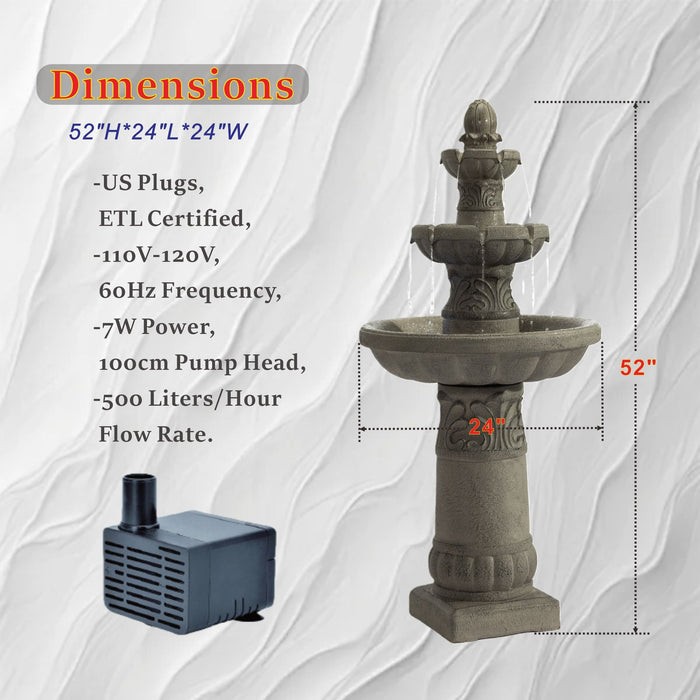 3 Tier Outdoor Garden Fountain With LED Lights - Gray