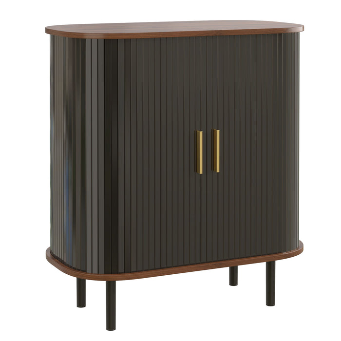 Fluted Wine Bar Cabinet With 8 Grid Wine Rack, 5 Level Adjustable Shelves, 2 Glass Holders