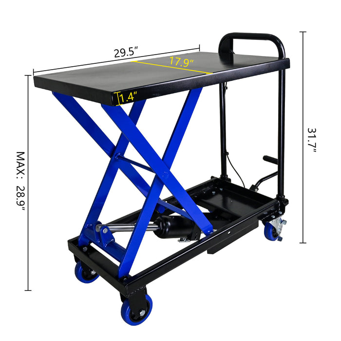 Hydraulic Lift Trolley, 500 Lbs Capacity, With 4 Wheels, For Material Handling And Transportation - Black / Blue