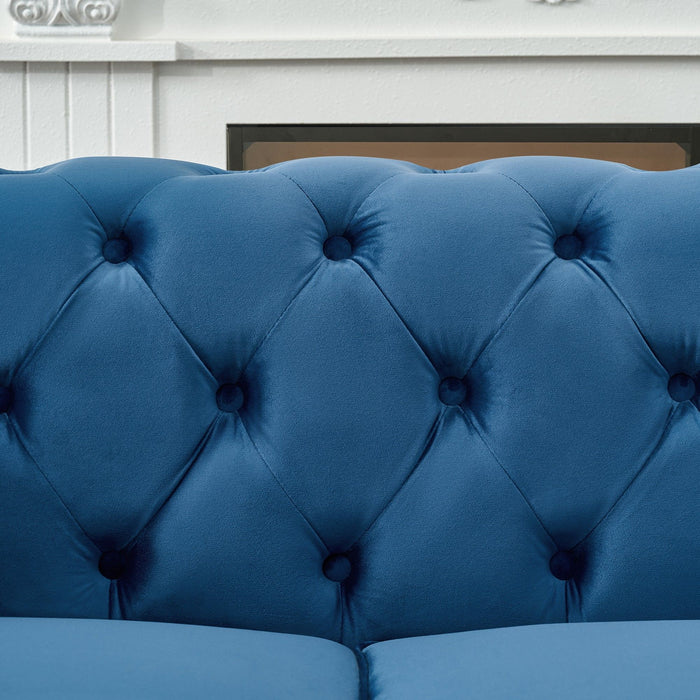 Mid Century Chesterfield Velvet Fabric Sofa With Roll Armrest & Nailhead, Blue, 87 Inches