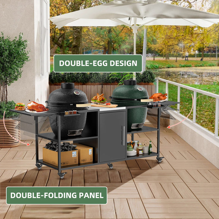 Outdoor Grill Cart For 2 Big Egg - Black / Silver