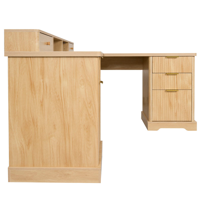 Fluted L-Shaped Desk With Charging Station & Storage Cabinet