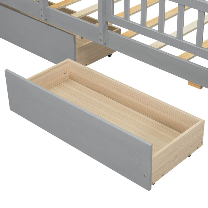 Platform Bed With LED Light, Multi Functional Headboard, Guardrail And 2 Drawers