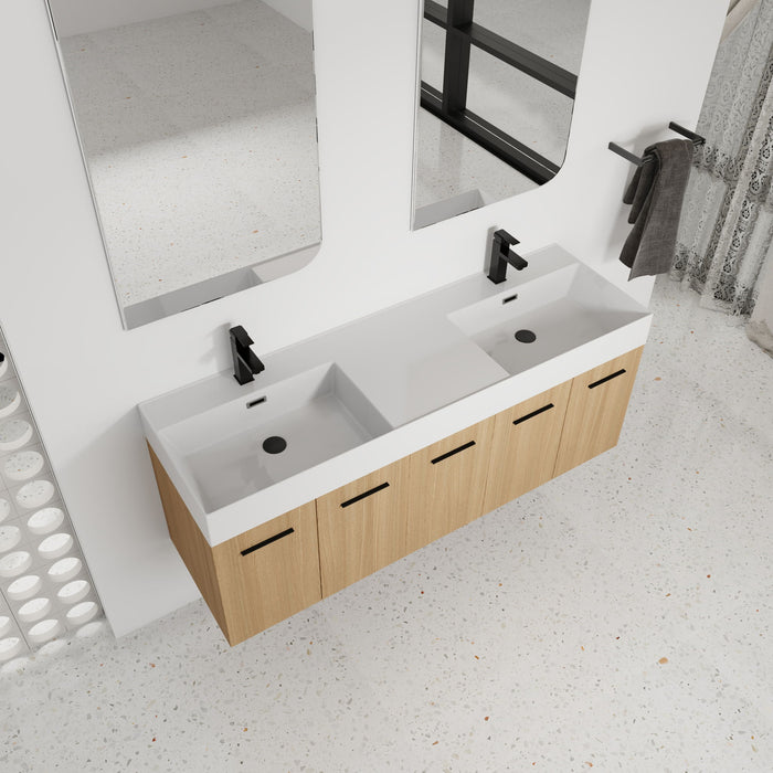 Floating Double Sink Bathroom Vanity With Extra Large Storage, Integrated Sink, Soft Close Doors, Wall Mounted Bath Vanity - Glossy White / Light Oak