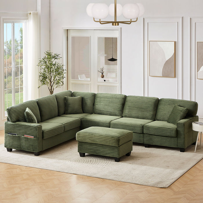 Upholstered U-Shaped Sectional Sofa With Movable Ottoman And Side Storage Pockets