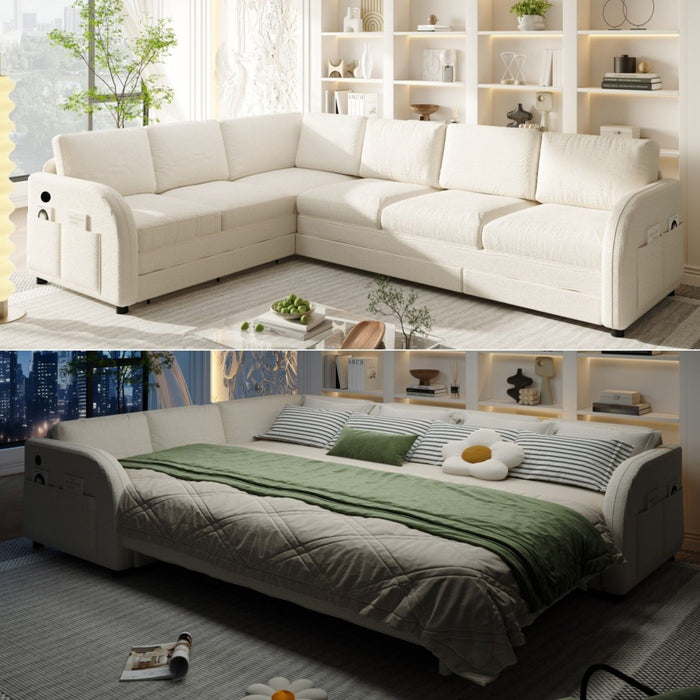 L-Shaped Couch With Pull-Out Bed, Convertible Sleeper Sofa With Side Pocket & USB Port