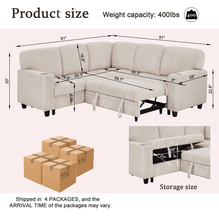L-Shaped Sofa With Pull Out Sofa Bed With USB