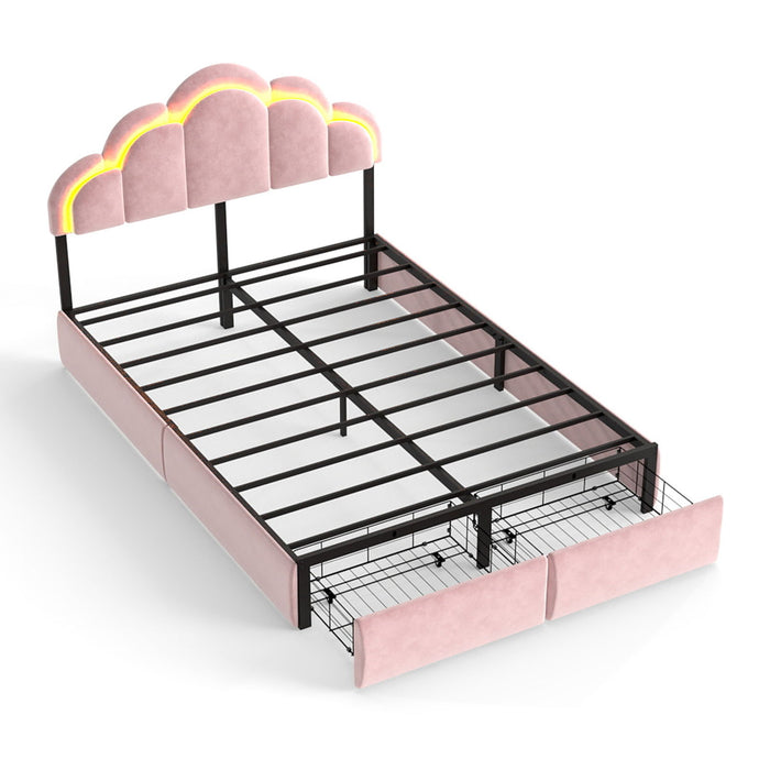 Full RGB LED Upholstered Platform Bed With Petal Headboard And Storage Drawers For Kids Bedroom - Pink