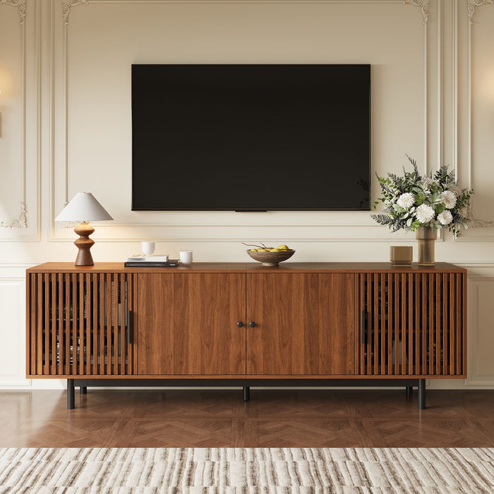 TV Stand, Media Console & Soft Closing Hinges, Adjustable Shelves, Slatted Doors - Walnut